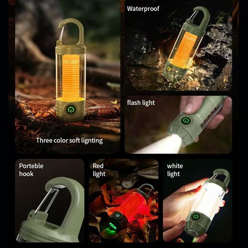 YZYOE Rechargeable LED Mini Camping Flashlight, Portable Outdoor Light with Hook, White Warm Light and Red Light, 6 Modes, with Signal Flash.