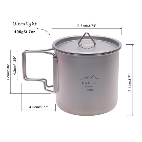 SANTTA Camp Cup MUG with Lid & Pouch, 18.6 oz Ultra Light Titanium Cup with Foldable Handle Camping Mug 550mL