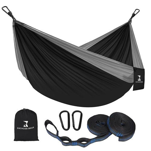Durable Hammock 400 lb Capacity, Nylon Camping Hammock Chair - Single Sizes w/Tree Straps and Attached Carry Bag - Portable for Travel/Backpacking/Beach/Backyard (Black & Light Blue)