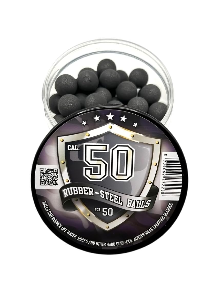 50 x Premium Quality Hard Rubber Steel Balls 2.7 Grams Heavy Reusable Projectiles Paintballs Reballs Powerballs for Training Home and Self Defense Pistols in 50 Caliber