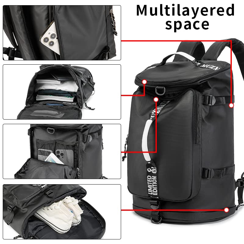 Waterproof Black Gym Duffle Bag with Laptop Compartment - 40L Travel & Sports Backpack - Trendy Lightweight Design for Men & Women (Black)