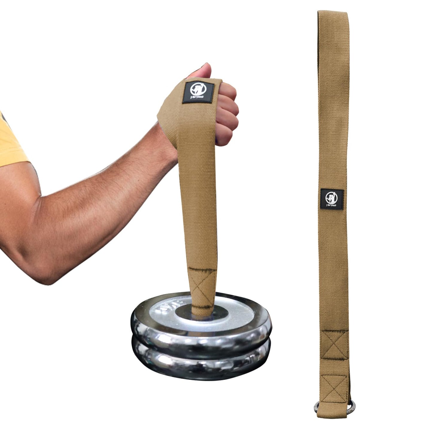 J Bryant Arm Wrestling Training Strap Belt Hand Grip- Ideal for Wrist Forearm and Biceps Workouts Multifunctional Home Gym Fitness Equipment Compatible with 1 inch and 2 inches Barbell Plates (Khaki)