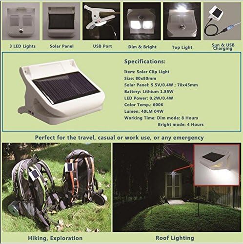 Solar Portable LED Clip-on Light Rechargeable USB Lantern Outdoor Camp Garden Lamp - 2 Pack