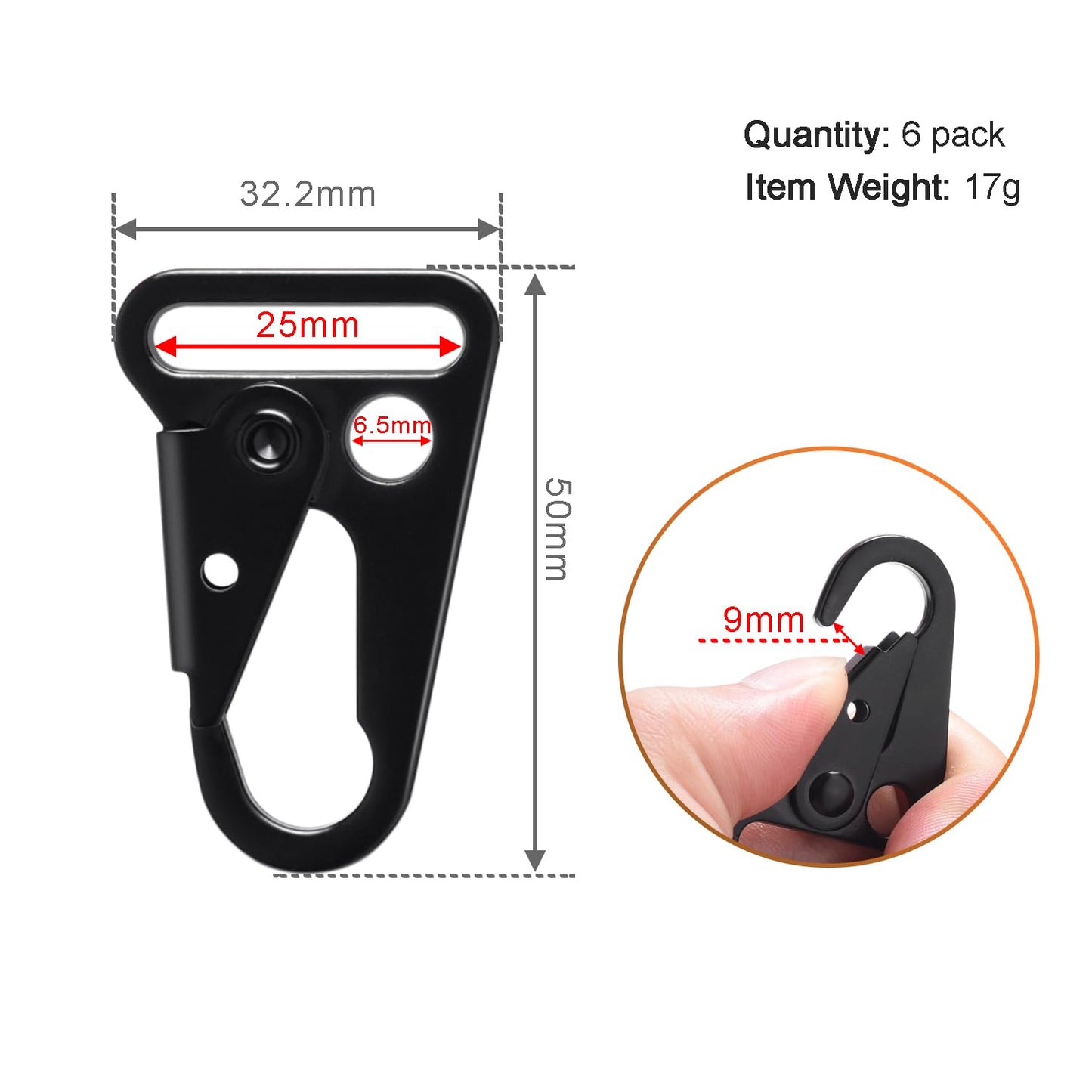 6 Pack Metal Rifle Sling Clips Tactical Snap Hook Enlarged Mouth Single Point Slings Clip for Paracord Webbing Strap Outdoor Accessories - 1"(25mm)