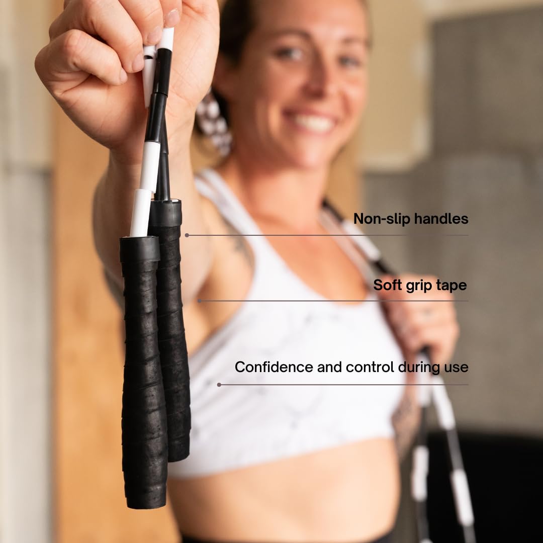 JOBEAR Athletics Beaded Jump Rope for Functional Fitness Athletes - Grip Tape Handles - Tangle-Free - Adjustable - Jump rope for Adults, Teens, and Kids (Black/White)