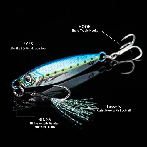 Goture Fishing Jigs,Lead Vertical Jig Saltwater, Jig Fishing Lures with Assist Hook and Treble Hook,Fishing Jigging Spoon Lures for Tuna,Salmon,StripedBass,Grouper Snapper,Kingfish(7g 6pcs)