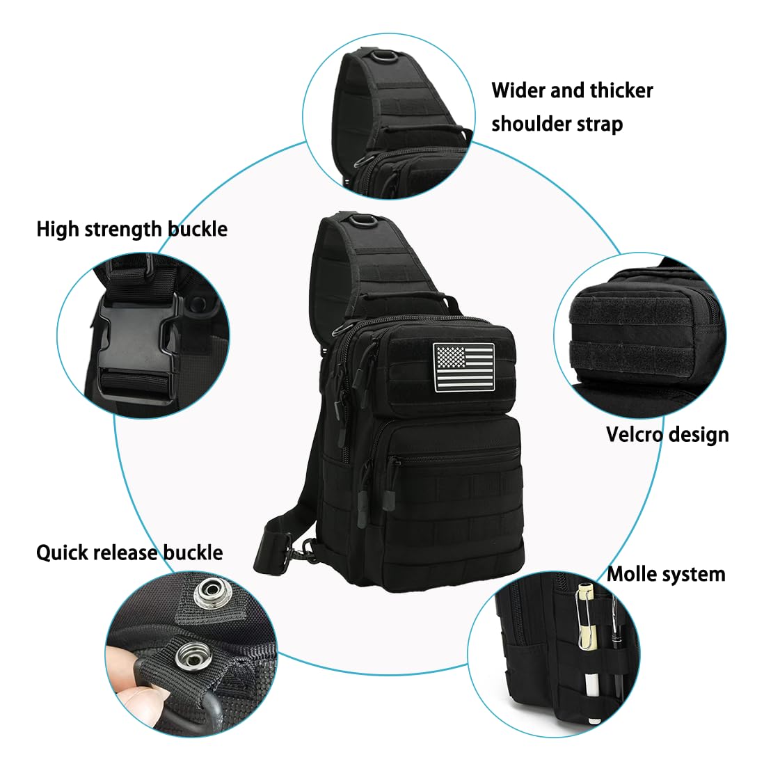 GAZJYUSP Tactical travel sling bag Molle Crossbody bag Small tactical concealed carry bag Over the shoulder bag Daypack Range Bag Shoulder pack Hunting chest Bag (Black)