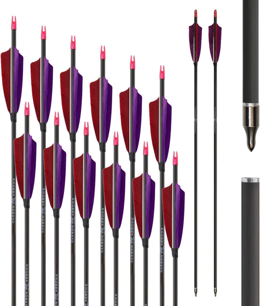12PCS 600 Spine Pure Carbon Arrows with Real Turkey Feathers Removable 100 Grain Tips Plastic Nocks for Archery Target Hunting