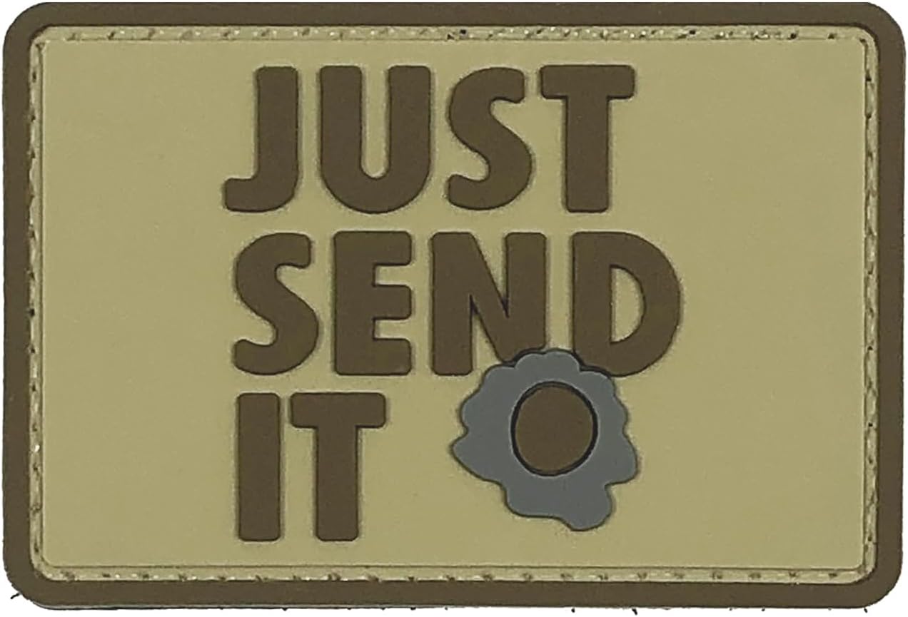 Just Send It Sniper Rubber Tactical Patch 2.95x2 inches with Hook Fastener Back for Hats Caps Clothing Vests Bags Backpacks (Tan)