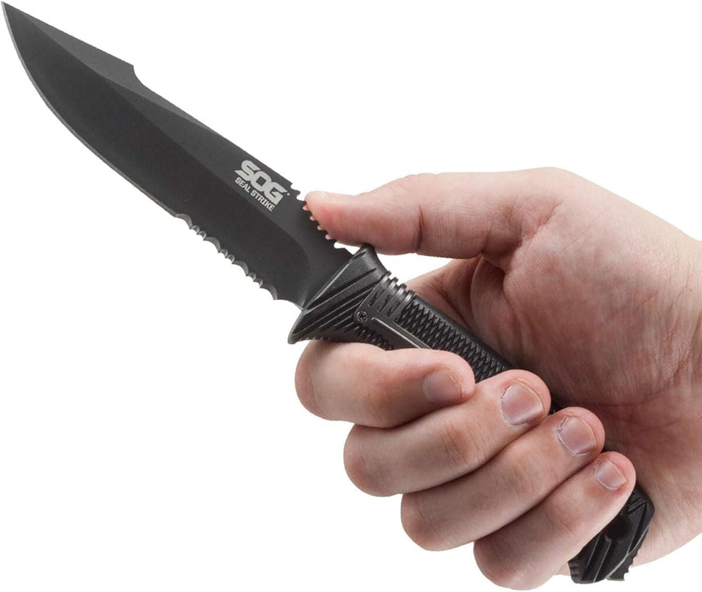 SOG Seal Strike Fixed Blade Knife with Sheath- Tactical and Hunting Knife with 4.9 Inch Partially Serrated Bowie Knife Blade and Survival Knife Line Cutter (SS1003-CP)