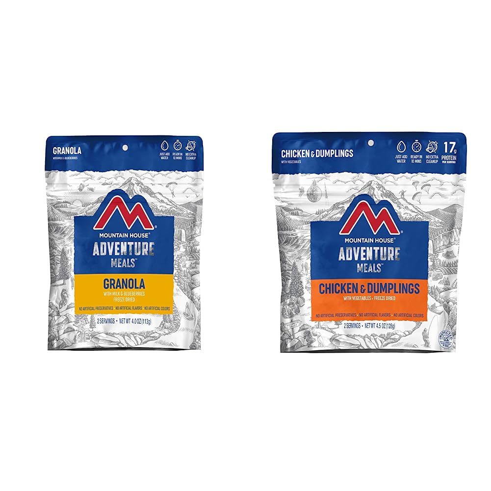 Mountain House Granola with Milk & Blueberries | Freeze Dried Backpacking & Camping Food | 2 Servings and Mountain House Chicken & Dumplings | Freeze Dried Backpacking & Camping Food |2 Servings Bundle
