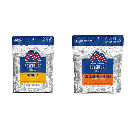Mountain House Granola with Milk & Blueberries | Freeze Dried Backpacking & Camping Food | 2 Servings and Mountain House Chicken & Dumplings | Freeze Dried Backpacking & Camping Food |2 Servings Bundle