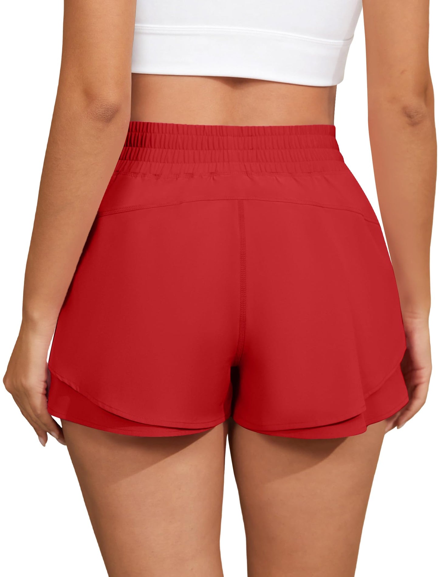 FireSwan Running Shorts for Women 2 in 1 High Waisted Quick Dry Butterfly Flowy Athletic Gym Yoga with Pockets Red Medium