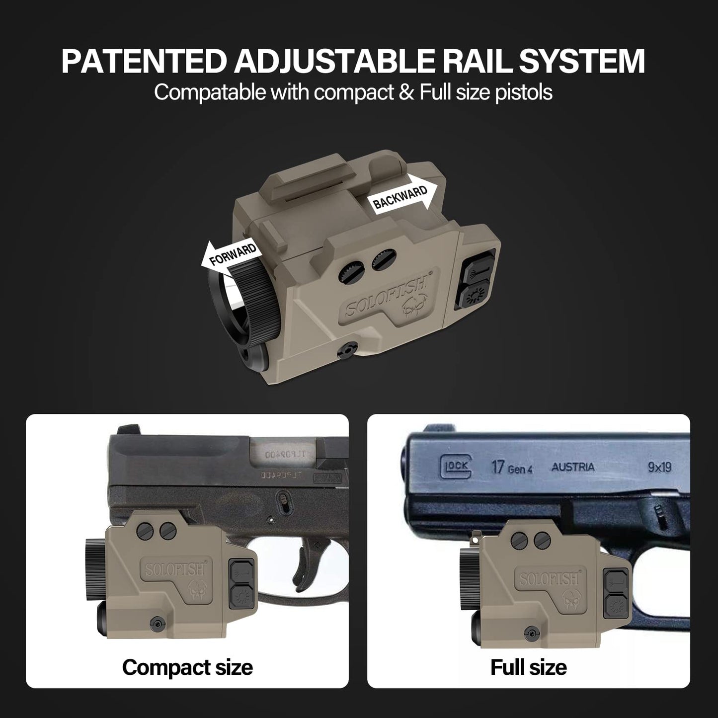 SOLOFISH 650 Lumens Pistol Light and Green Laser Combo, Strobe Function for Tactical Flashlight with Slidable Rail Fits Full Size Guns w/Rail, Magnetic Charging