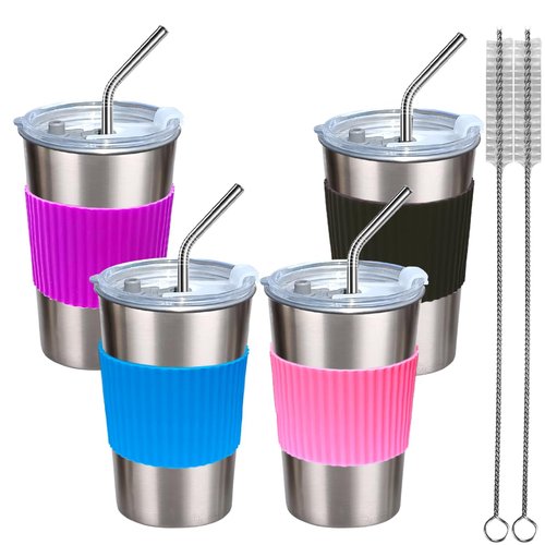 Navmudin Cups with Lids and Straws, 17oz 4 Pack Reusable Leakproof Stainless Steel Cups, BPA Free Unbreakable Metal Coffee/Beer/Smoothie Camping Cup(Black&Blue&Pink&Purple)
