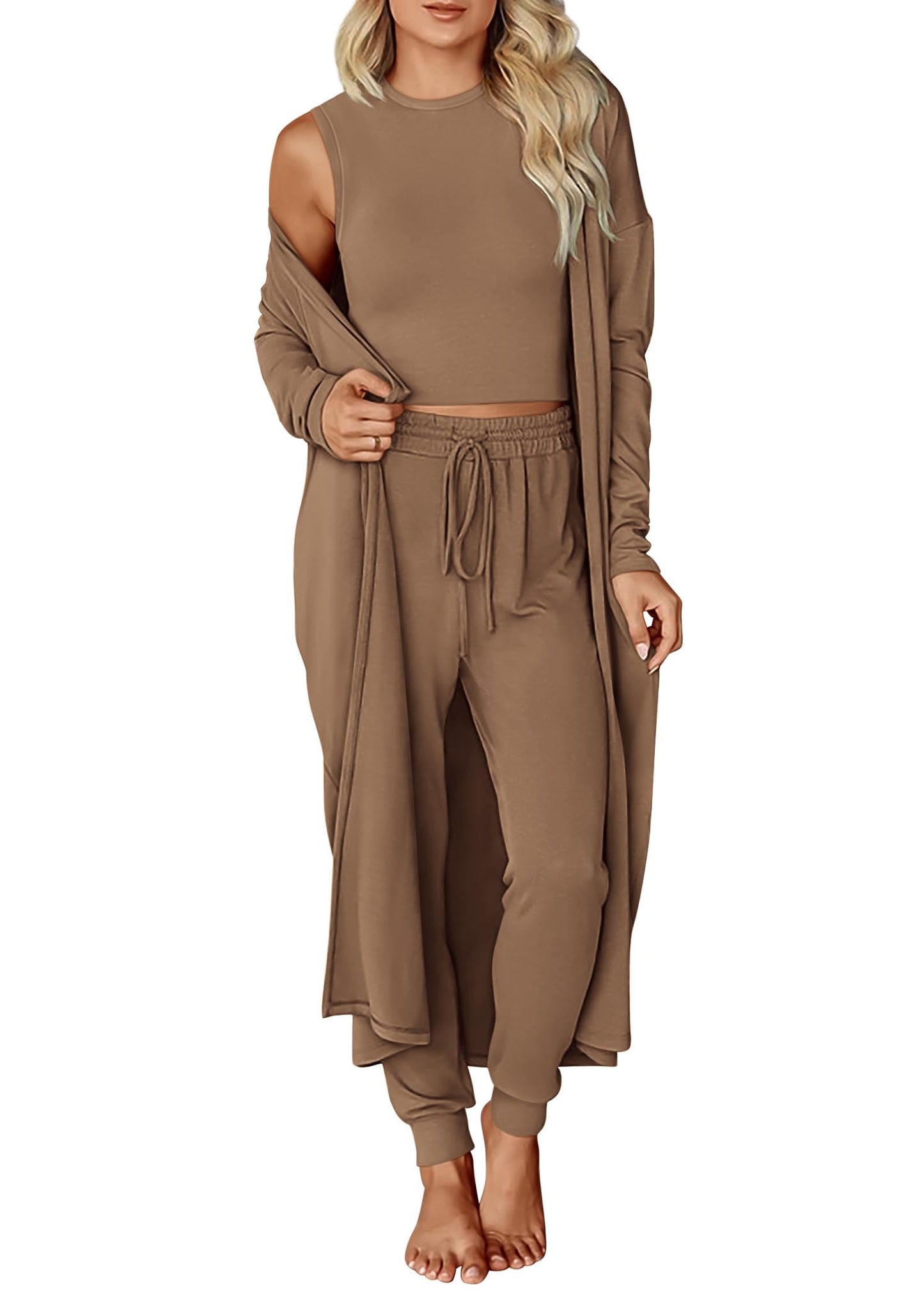 KIRUNDO 3 Piece Lounge Sets for Women Airport Travel Vacation Outfits 2026 Fall Cardigan Matching Sleeveless Top Jogger Pants(Khaki, Medium)