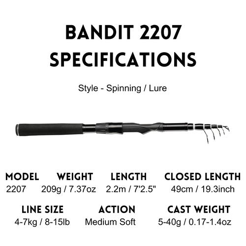 Whistytwig Compact Telescopic Fishing Rod - Versatile Retractable Pole for Fresh & Saltwater, Portable Fishing Rod, Ideal for Travel (Bandit 7'2" Spinning)