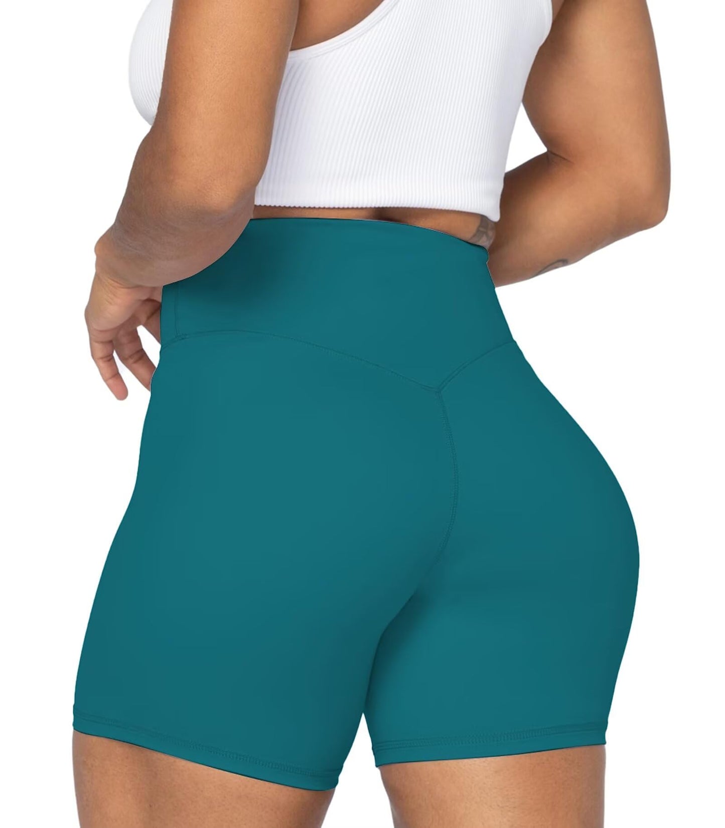 Sunzel No Front Seam High Waist Biker Shorts for Women, Squat Proof Yoga Workout Gym Bike Shorts 5" Inseam Deep Lagoon Large