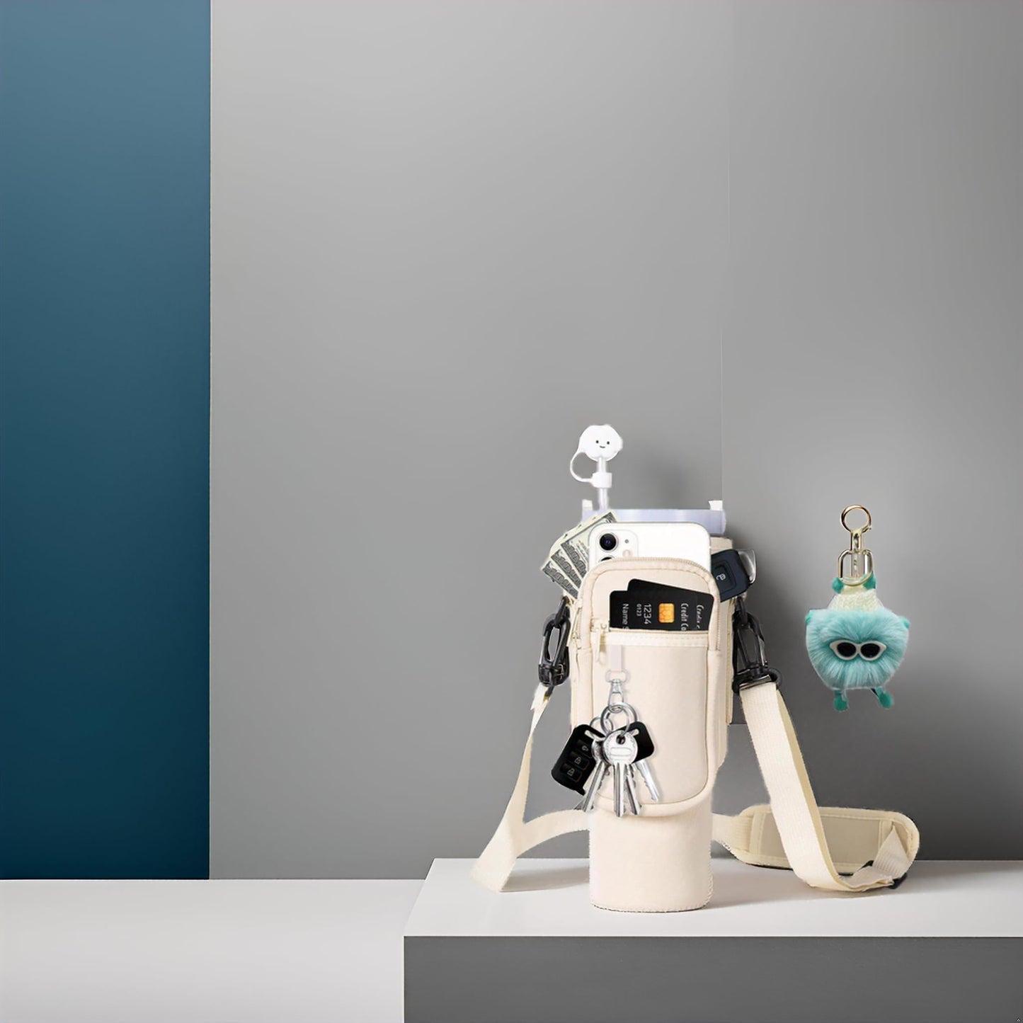 AFIAFTY Water Bottle Holder with Strap, Stanley Bag/Stanley Cup Holder with Strap for Stanley Quencher H2.0 40 oz, Tumbler Accessories with Coal Ball Pendant & Carabiner, Stanley Cup Accessories