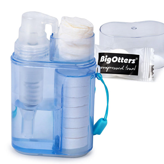 BigOtters Compressed Towels with Bottle, Disposable Towels for Face with Reusable Dispenser Carry Case Portable Washcloths Survival Kit for Outdoors Hiking Camping Hotel Travel