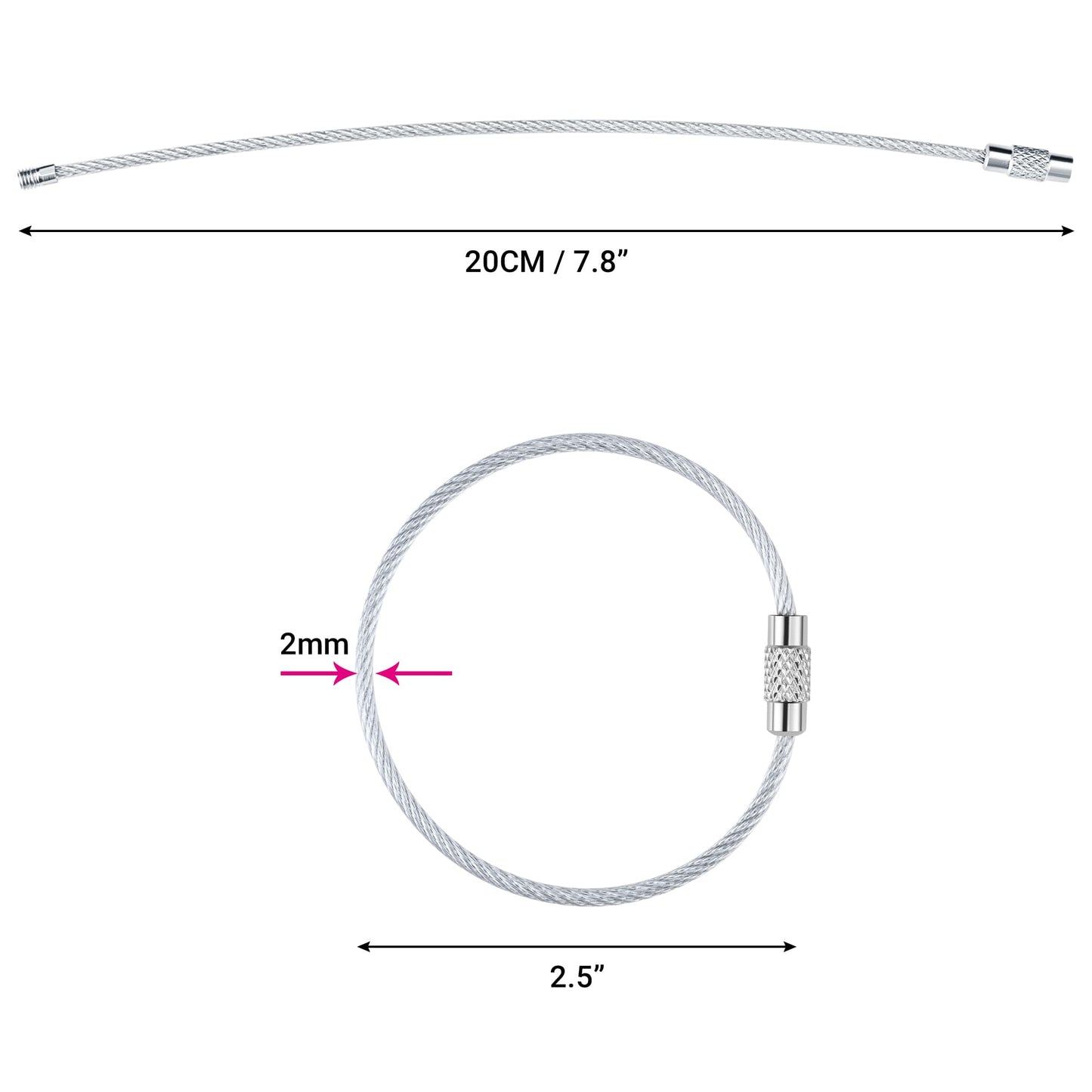 7.8 Inch Silver Wire Keychain Cable,Large Nylon Coated Stainless Steel Key Ring Loop Holder,2mm Heavy Duty,20PCS