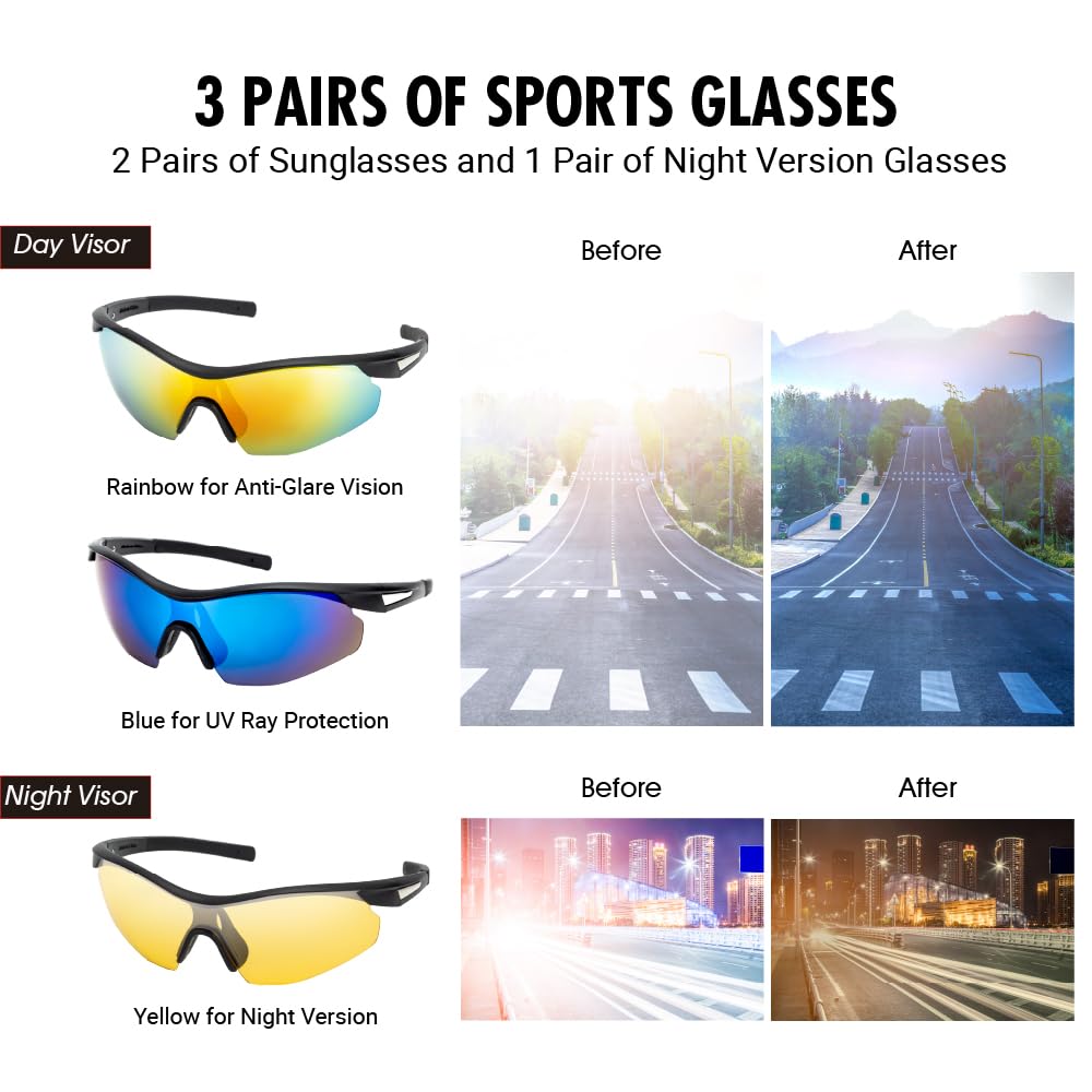 KALIMO Polarized Sport Sunglasses – Lightweight UV Protection Sunglasses for Men & Women, Perfect for Driving, Fishing, Cycling, and Outdoor Activities, 3-Pair