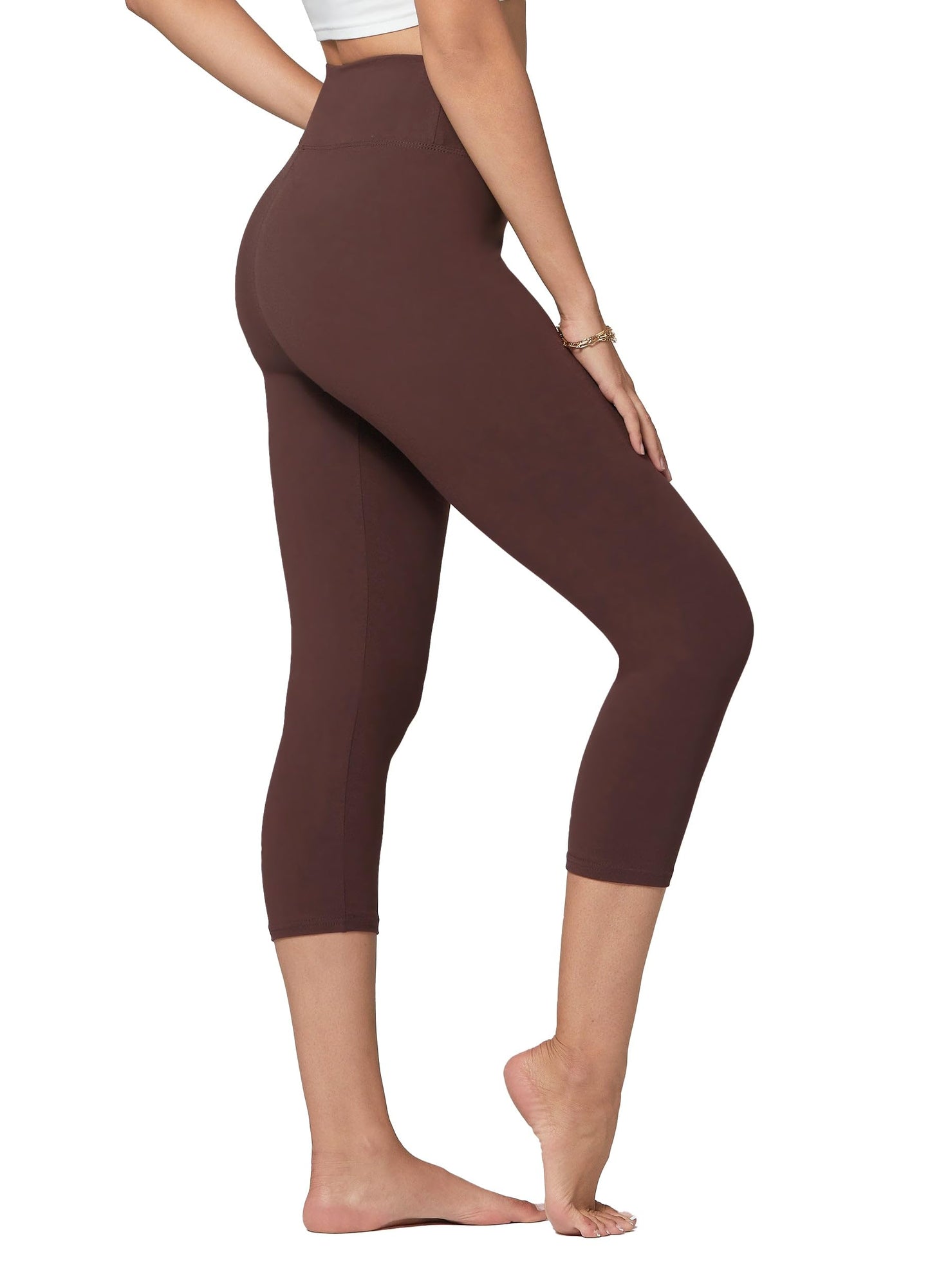 Conceited Capri Leggings for Women - High Waisted - Soft - Casual - Brown - Small - Medium