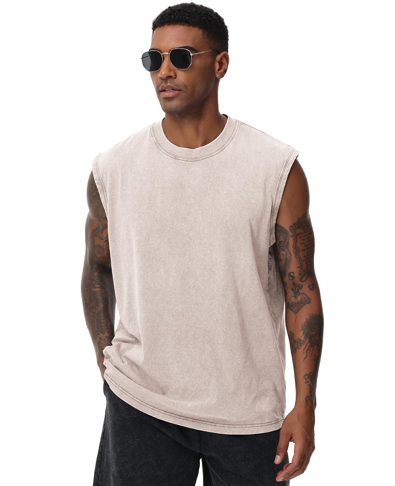 SnowElve 3 Pack Mens Workout Tank Tops Sleeveless Tee Shirts Men Muscle Shirt Gym Acid Wash T Shirts Running Beach Loose Fit Tee(ACCFBK,S)