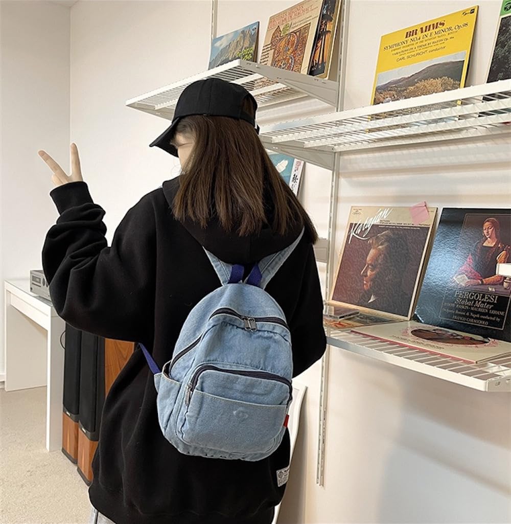 JHTPSLR Small Denim Backpack for Women Vintage Aesthetic Mini Denim Backpack Canvas Backpack Casual Daypack (Light Blue)