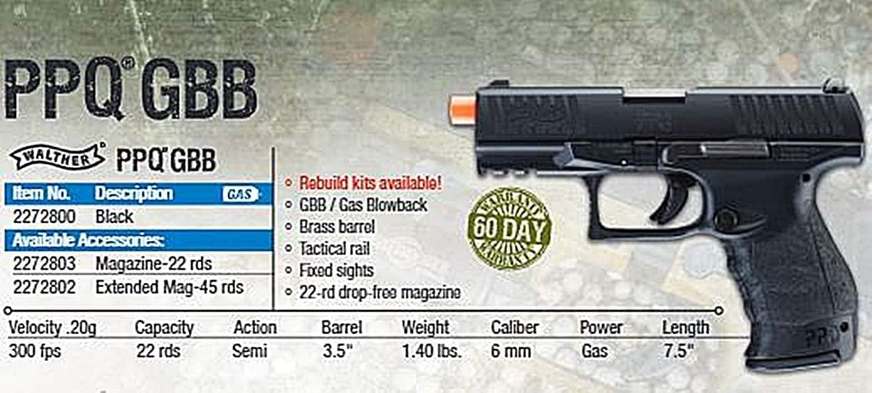 Walther PPQ GBB Airsoft Pistol - Elite Force Blowback 6mm BB Gun for Precision Shooting