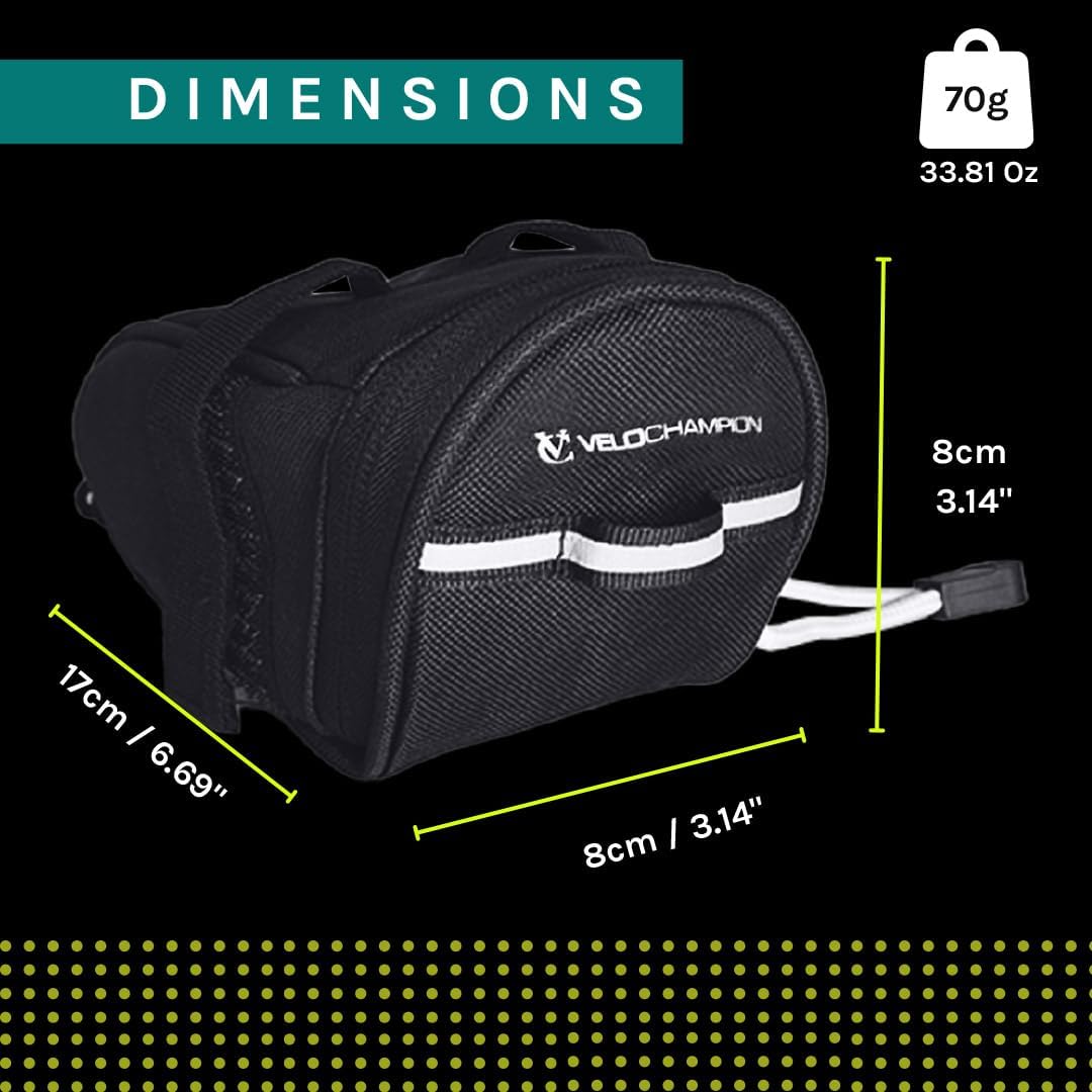 VeloChampion Black Bike Seat Pack Under Saddle Bag | 1 Litre Storage | Ideal for Mountain Road or Hybrid Bikes | Reflective | Water Resistant | Perfect for Repair Kits and Cycling Accessories