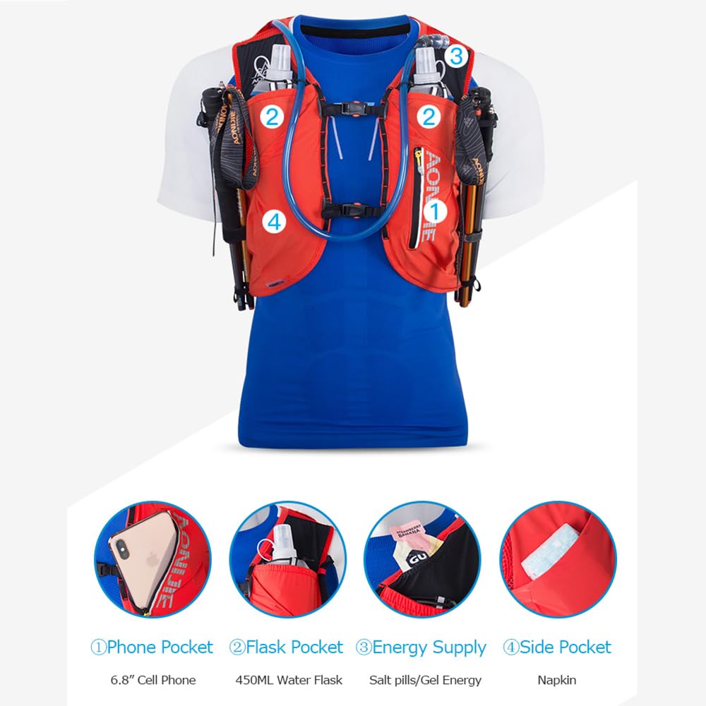 AONIJIE Running Hydration Vest 12L for Men and Women, Lightweight Hiking Backpack with 2 Soft Flasks for Running Hiking (Black with 2 Bottle, L/XL)