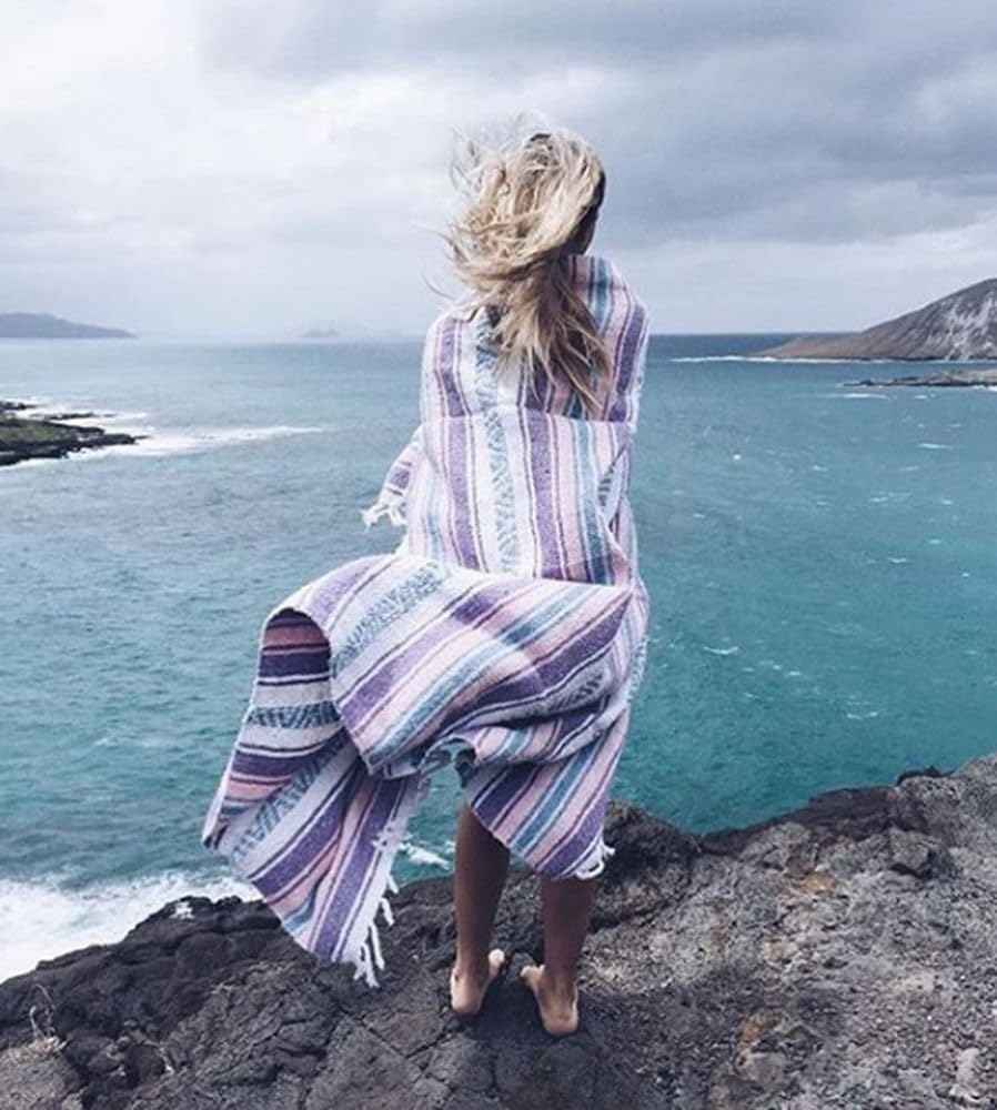 Authentic Del Mex Large Mexican Blanket - Woven Falsa Throw (70"x50") for Beach, Yoga & Outdoor Decor - Pink/Tan