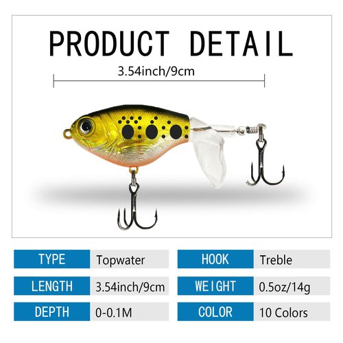 RTGSE 10Pcs Top Water Fishing Lures with Floating Rotating Tail Whopper Fishing Lure for Bass Barb Treble Hooks in Saltwater Freshwater Plopping Lures Kit