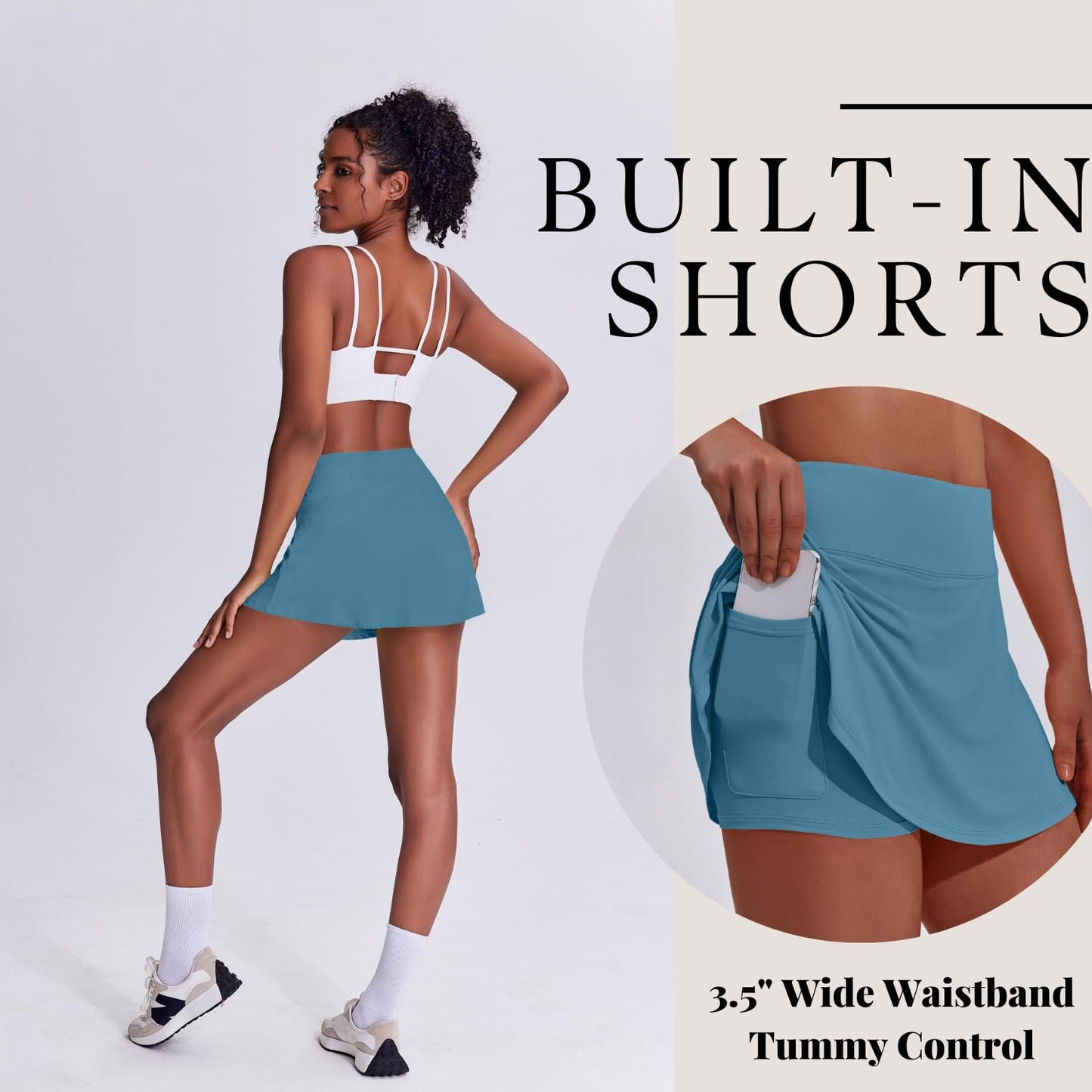 PINSPARK Tennis Skirts for Women Athletic Skort with Pockets Pleated Mini Golf Skirts Tummy Control, Oasis Blue Small