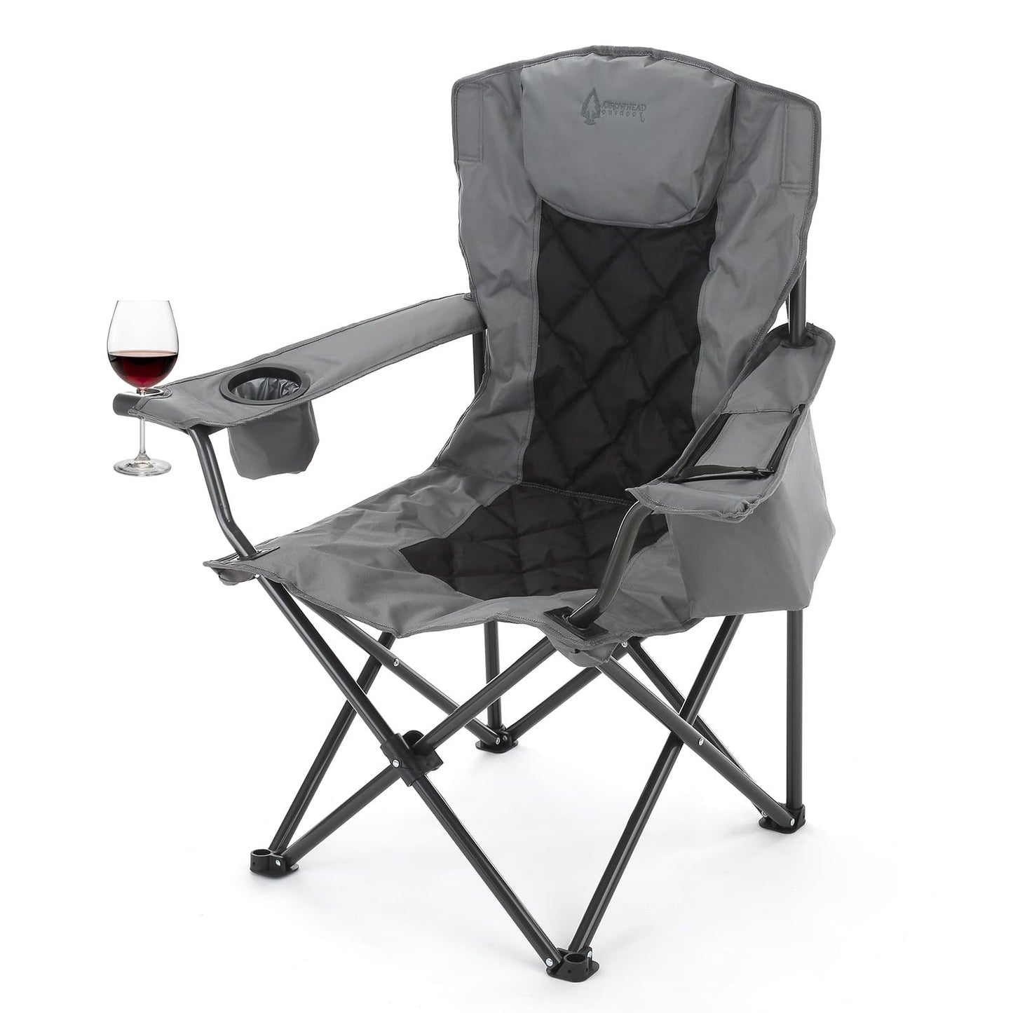 ARROWHEAD OUTDOOR Portable Deluxe Folding Camp Quad Chair w/Headrest, Glass & Cup Holders, Armest 6-can Cooler, Heavy Duty Carry Bag, 550 lbs Weight Capacity