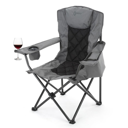 ARROWHEAD OUTDOOR Portable Deluxe Folding Camp Quad Chair w/Headrest, Glass & Cup Holders, Armest 6-can Cooler, Heavy Duty Carry Bag, 550 lbs Weight Capacity
