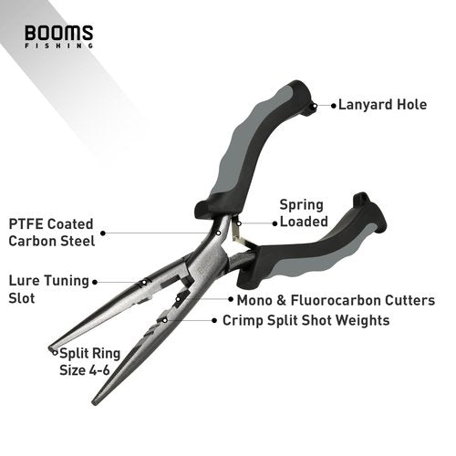 Booms Fishing F03 Needle Nose Fishing Pliers, 9" Fisherman's Pliers, Long Nose Hook Remover, Saltwater Resistant Fishing Gear, Gray