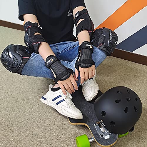 Adult & Kid Skating Protective Gear Set Helmet Knee Elbow Wrist Guards Black Medium Teen