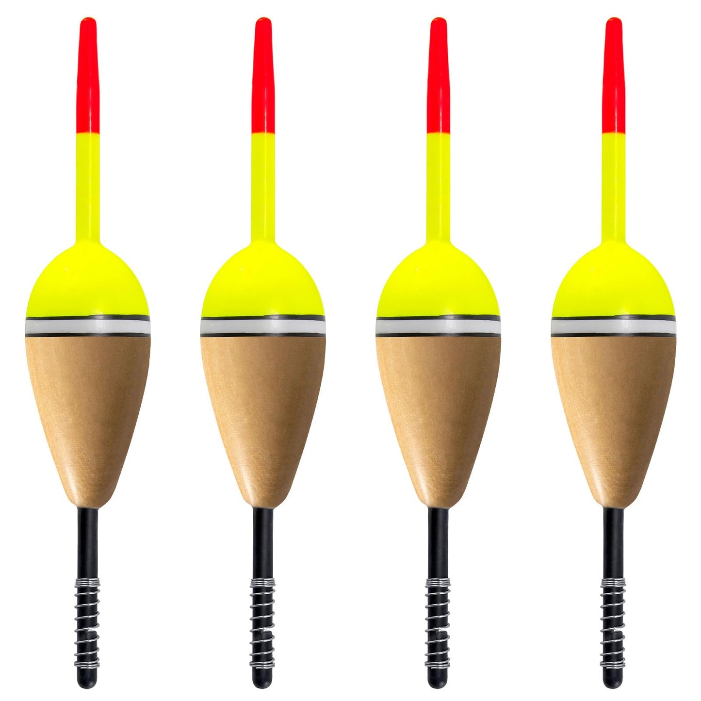 Alwonder 4-Pack Fishing Bobbers Floats, Buoyant Balsa Wood Body Spring Fishing Floats and Bobbers, Oval Bobber for Crappie Bluegills Trout Bass Panfish Catfish Walleyes 2.2“