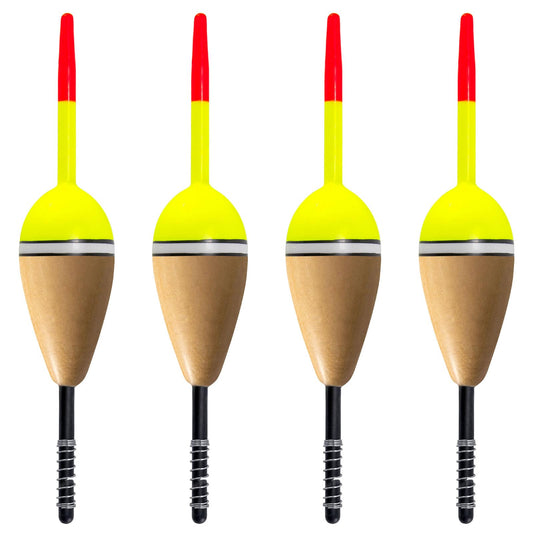 Alwonder 4-Pack Fishing Bobbers Floats, Buoyant Balsa Wood Body Spring Fishing Floats and Bobbers, Oval Bobber for Crappie Bluegills Trout Bass Panfish Catfish Walleyes 2.2“