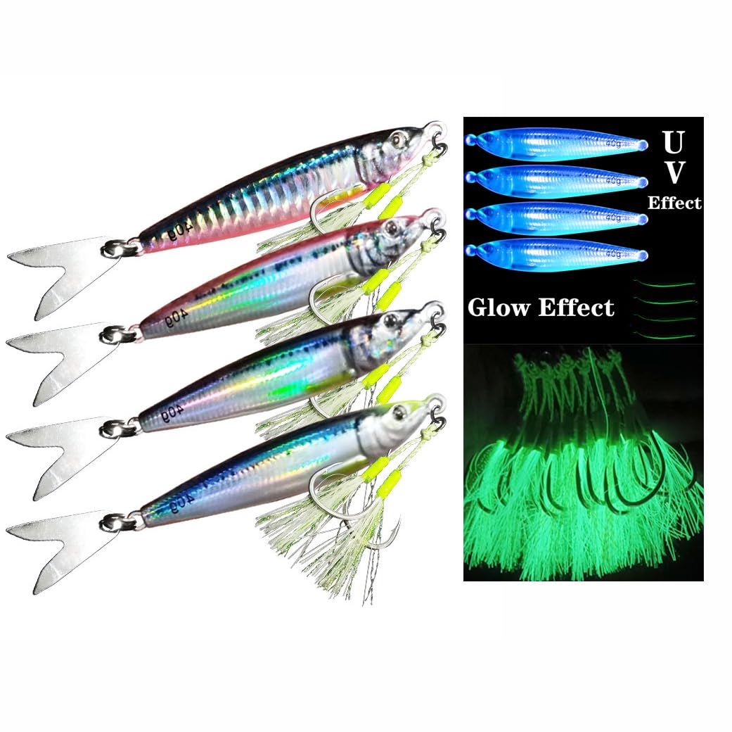 Feianoto Long Casting Slow Pitch Jig Lure Fishing UV Glow Jigs Metal Spoons 3D Print Falling Angler Metal Hard Bait Sinking Jigging Pesca Bait with Glow Hooks(1.4oz/40g, 4 pcs)