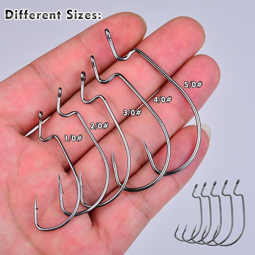 Fishing Hooks for Bass Fishing - 50pcs EWG Offset Worm Hook Texas Rig Hooks for Freshwater Saltwater Size 1/0 2/0 3/0 4/0 5/0 - Soft Lures Worms Plastics Bait Fishing Hook with Tackle Box
