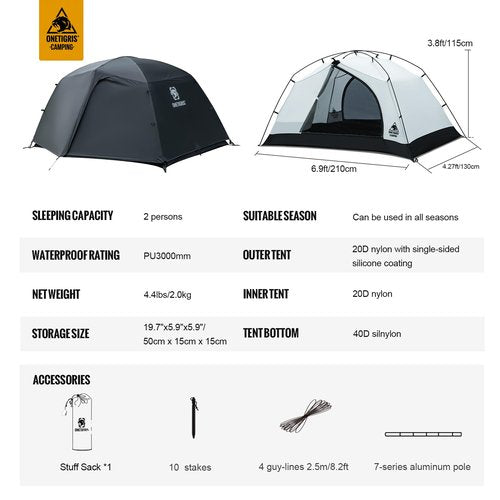 OneTigris Stella 4 Season Camping Tent Backpacking 2 Person Waterproof Lightweight Easy Setup Instant 3000mm Waterproof Rating Outdoor Hiking Tent, Black