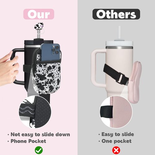 Vortika Water Bottle Pouch for Stanley with 2pcs Stanley Straw Cover, Stanley Cup Accessories 30&40 oz, Tumbler Pouch with Pocket, for Phone, Cards, Keys,Gym Accessories for Women