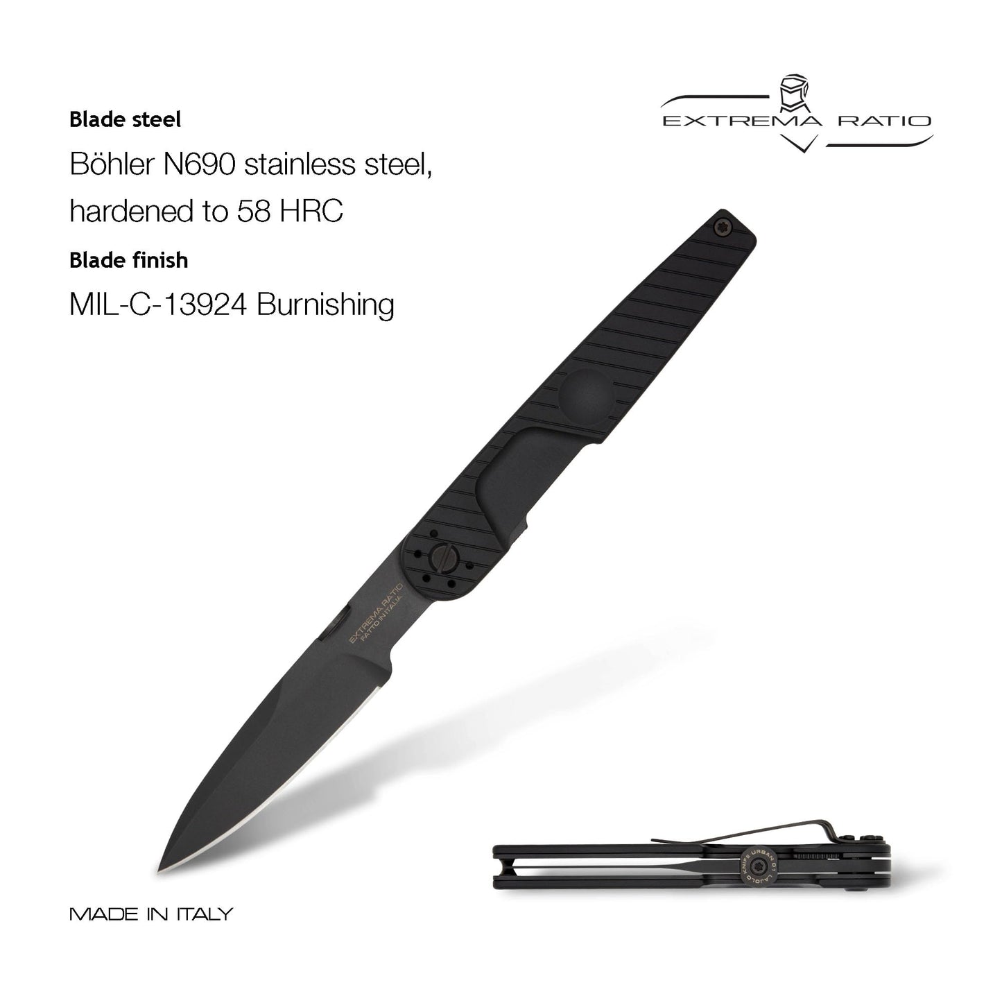 Extrema Ratio - LKU01 (Urban Dark), Böhler N690 Steel Blade 58 HRC, Black Burnished Finish, Smooth Aluminum Handle, Compact Design, Italian Craftsmanship