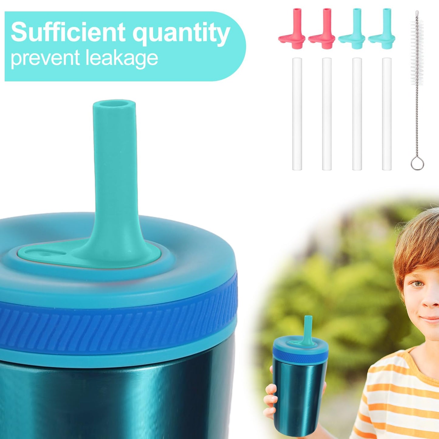 4pcs Replacement Straws with Bite Valve for Zak Designs Kelso 15 oz, with 1 Cleaning Brush Reusable Kids Cup Replacement Straws Accessory for Zak, BPA-Free (Light Blue + Pink)