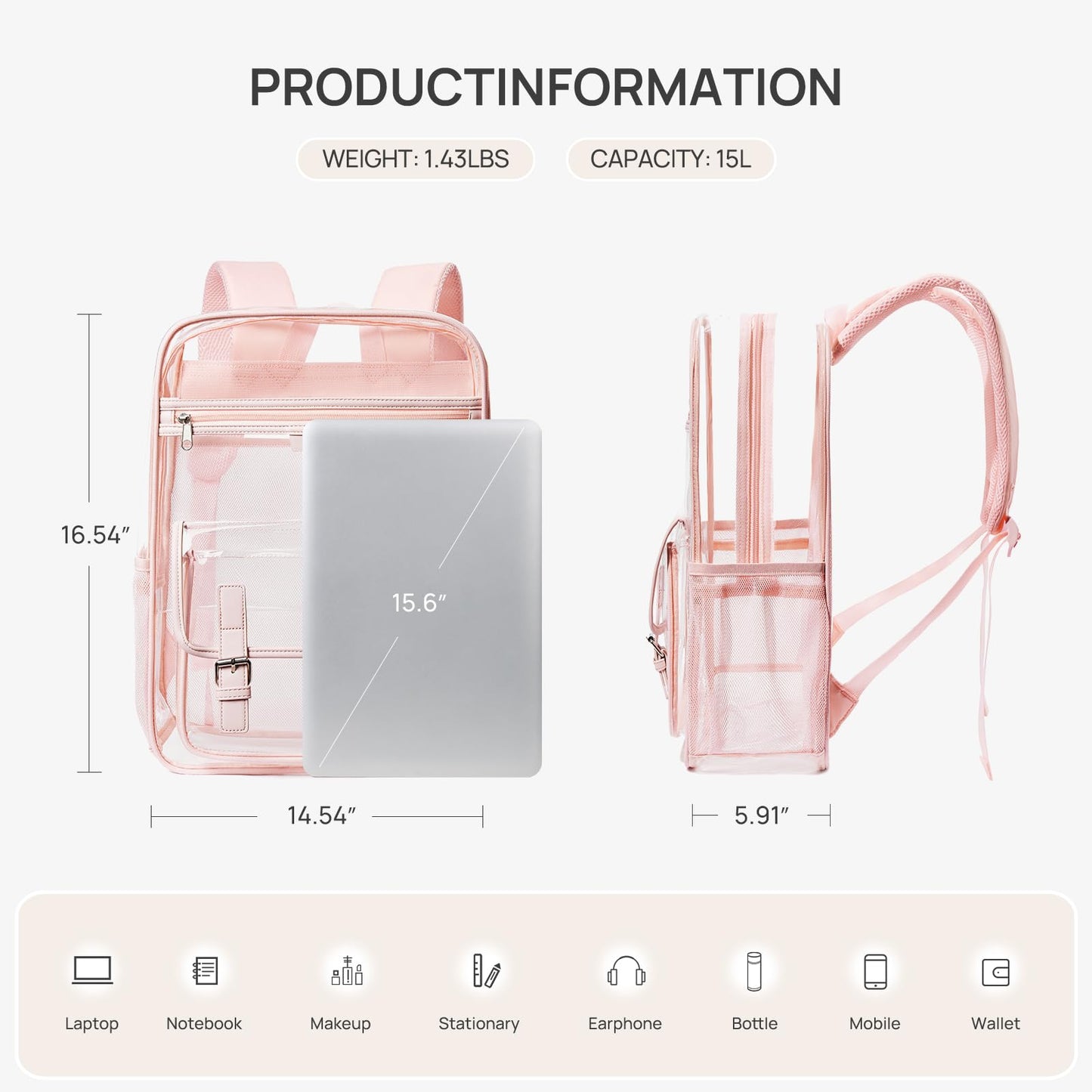 Telena Clear Backpack with Multi-pockets, Heavy Duty TPU Transparent Bag with Reinforced Straps, Large See Through Bookbag for College, Work - Pink