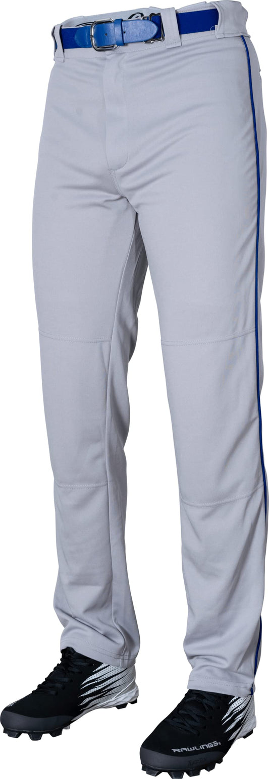Rawlings | Standard Semi-Relaxed Full Length Baseball Pants | Piped | Grey/Royal | Adult Small