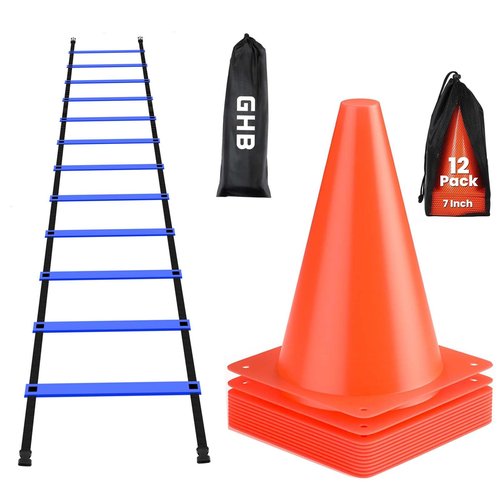 GHB Agility Ladder 1 Pack and 7 Inch 12 Pack Soccer Cones 2 Carrying Bag